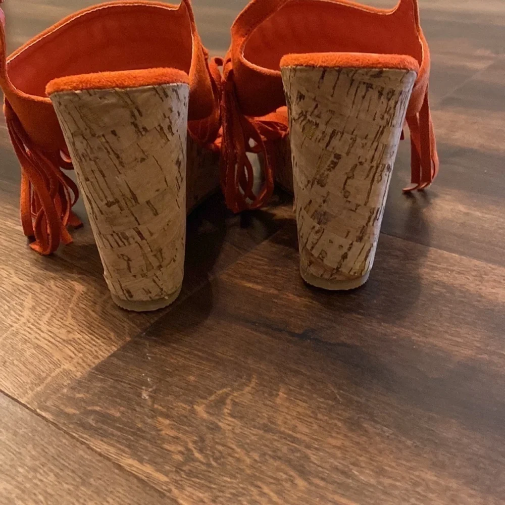 QUPID burnt orange suede fringe wedges.